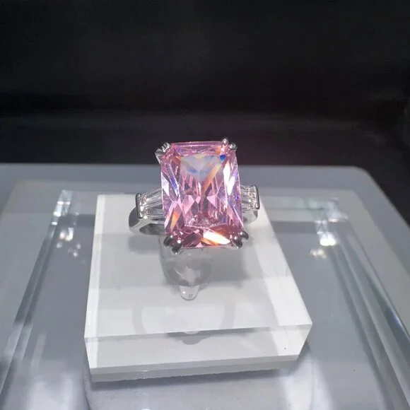 Emerald Cut Pink Cubic Zirconia & Silver Ring 10 - Picture 5 of 12